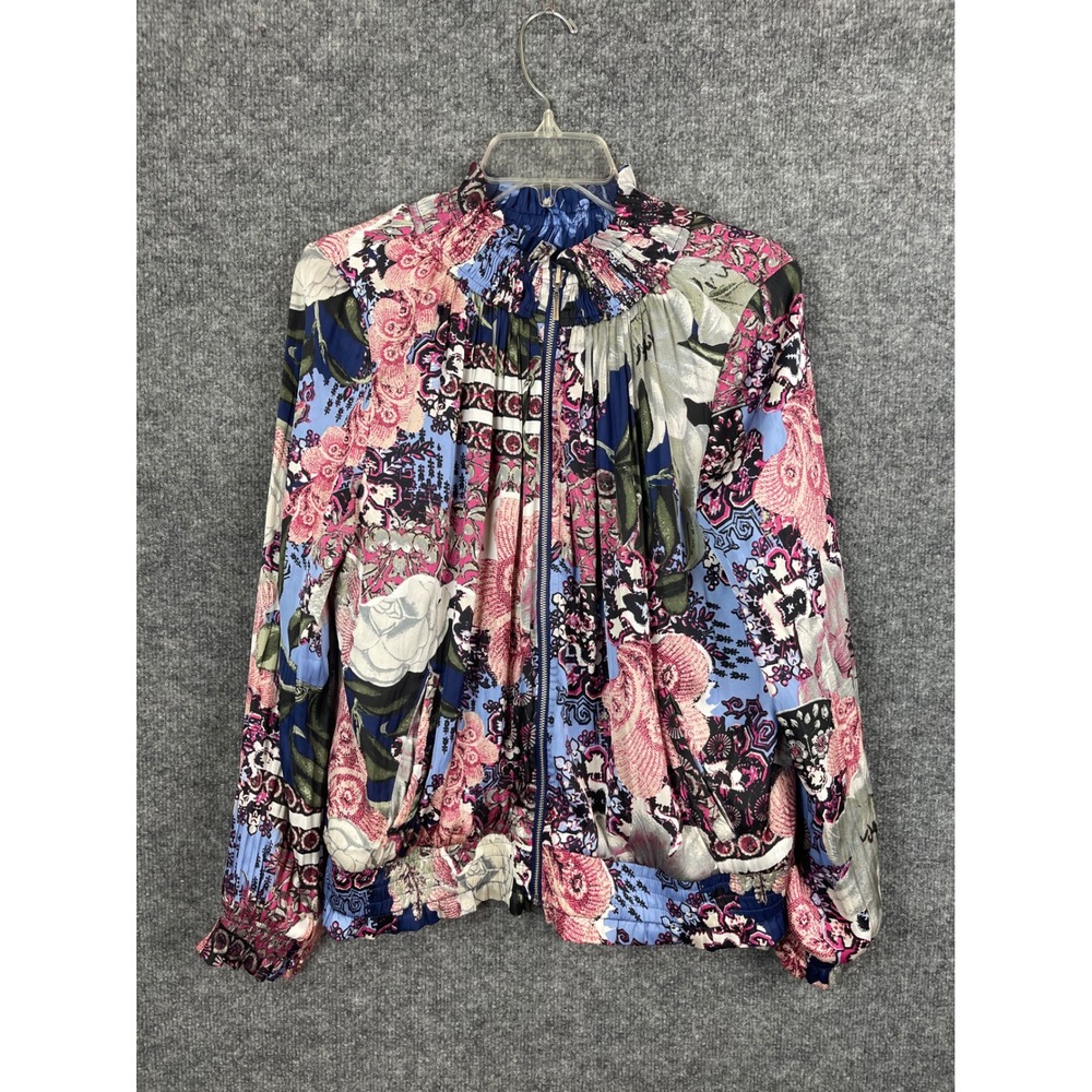 Chico's Floral Bomber Jacket Women's L Blue Pink Excellent Smocked Zip Up